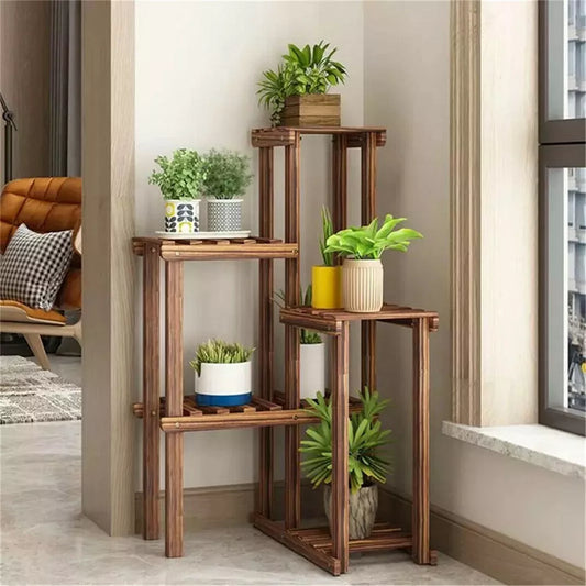 Plant Corner Stand 6 Tier Wood Shelf Indoor Outdoor Garden.