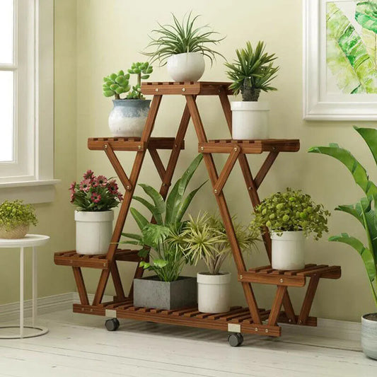 Plant Shelf 6 Potted Wood Plant Holder w/Wheels.