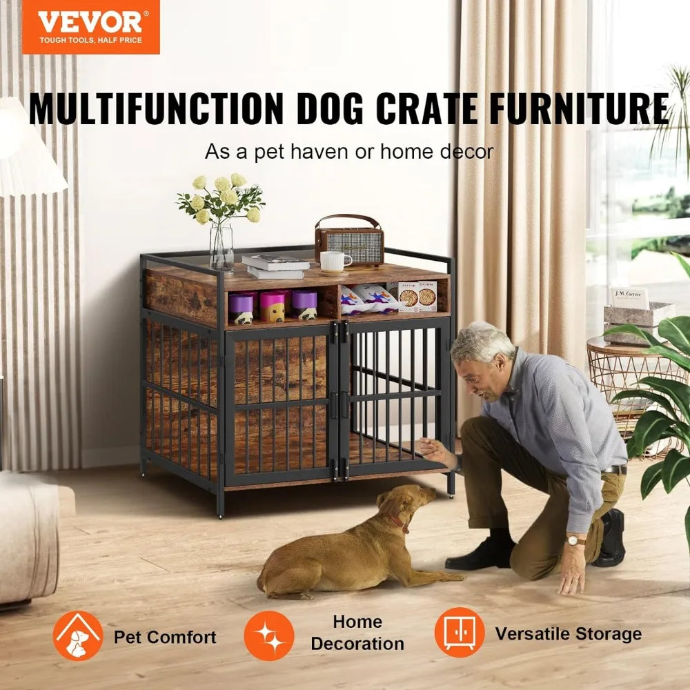 Furniture style dog cage w/ storage space and double doors.