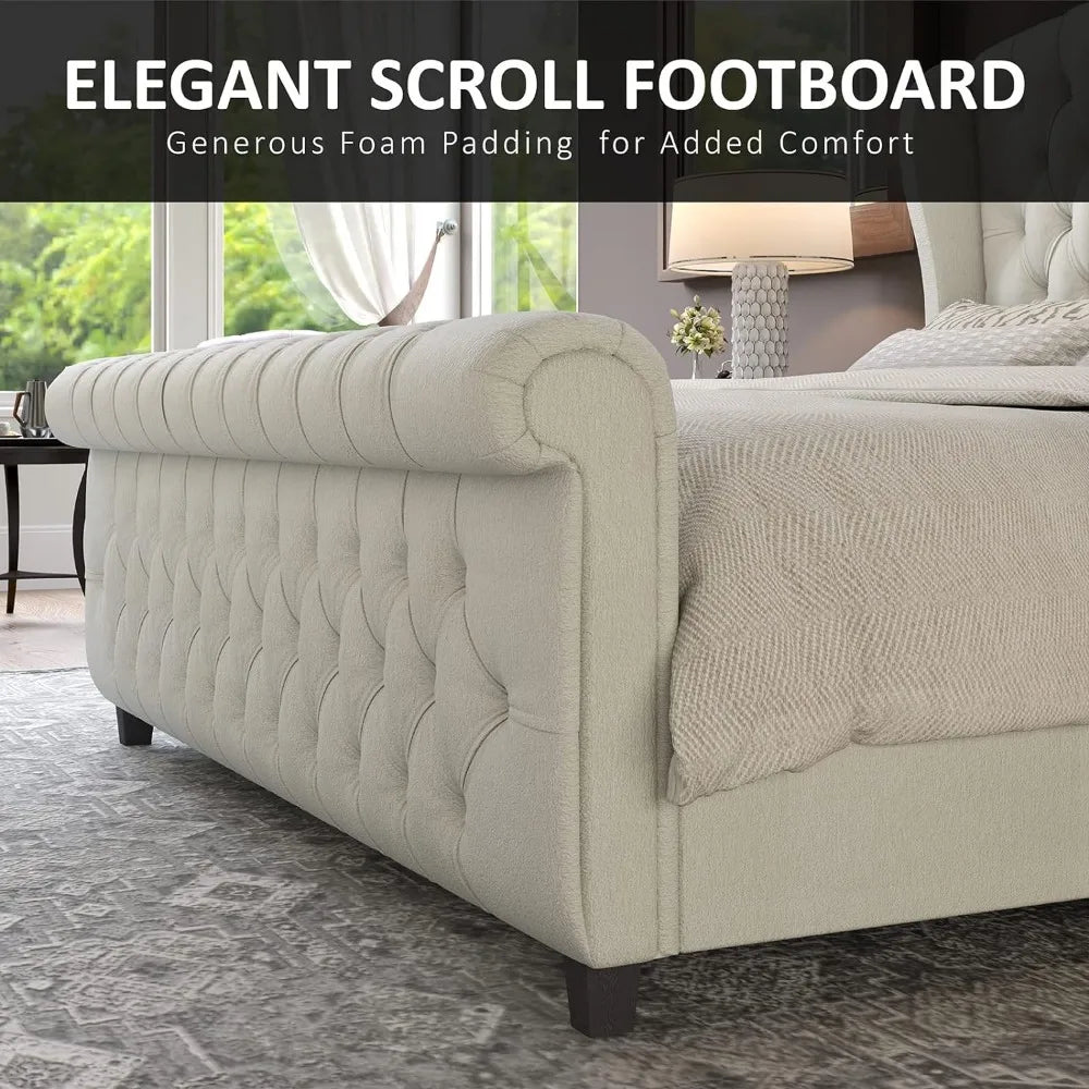 Chenille Upholstered Sleigh Bed w/ Scroll Wingback Headboard & Footboard/Button Tufted