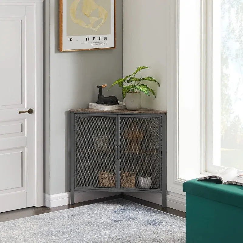 Corner Cabinet/Table, 3-Tier Metal/Wood Shelves with Door.