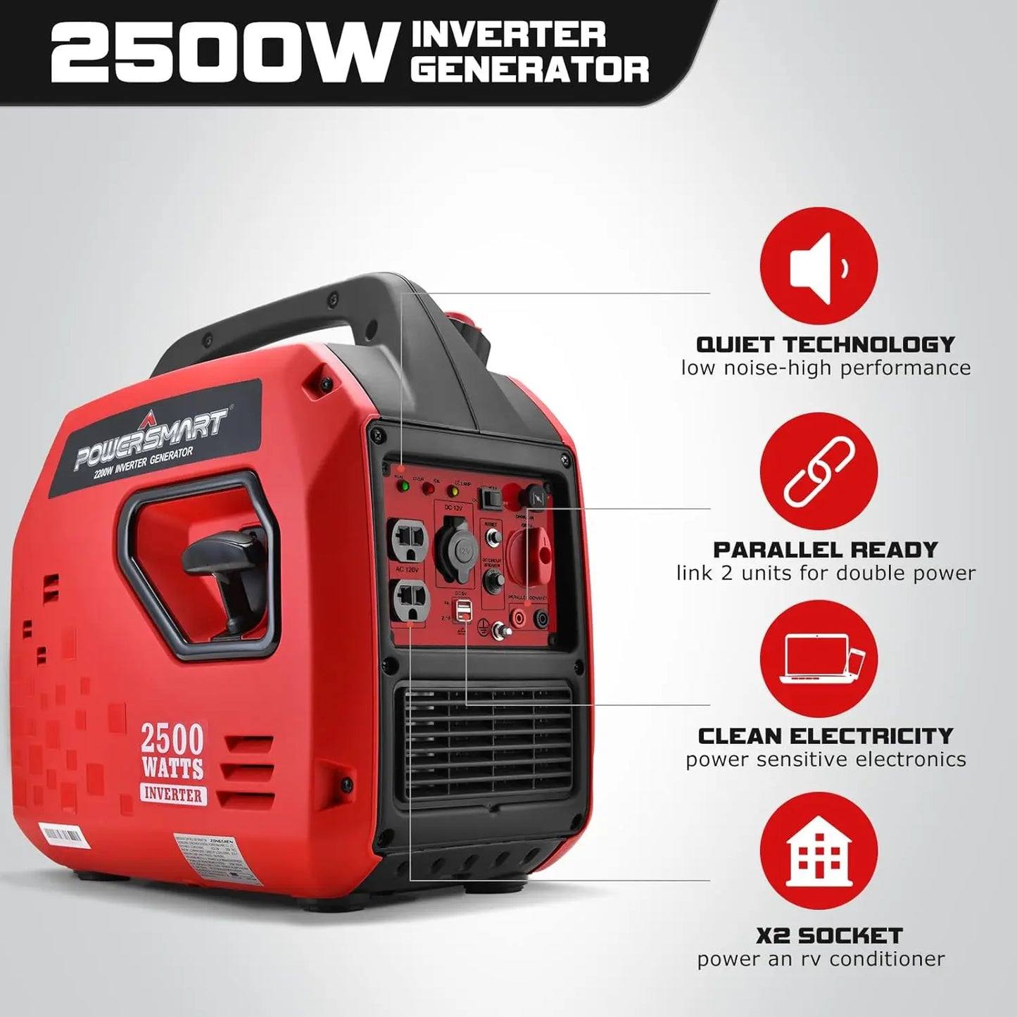 2500-Watt Gas Powered Portable Inverter Generator, Super Quiet.