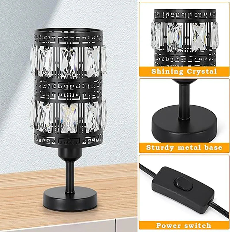 Crystal Table Lamp, Set of 2, Table Lamps for Bedroom, Black Bedside Nightstand Lamps for Living Room Small Decorative Desk Lamp