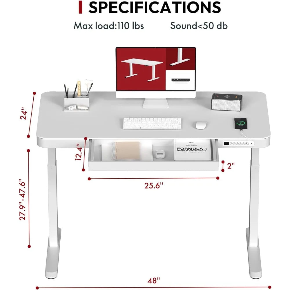 48" Computer Desk w/Drawer, USB Ports, Electric Height.