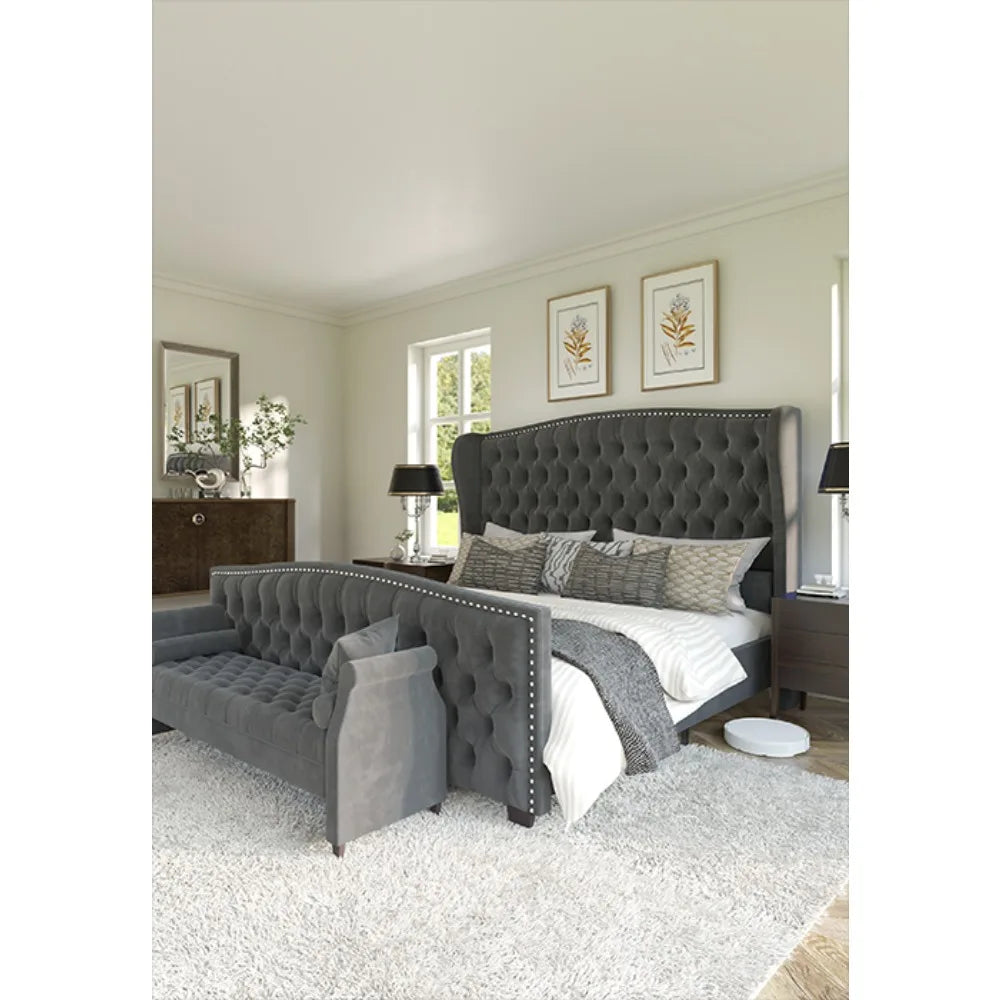 Chenille Upholstered Sleigh Bed w/ Scroll Wingback Headboard & Footboard/Button Tufted