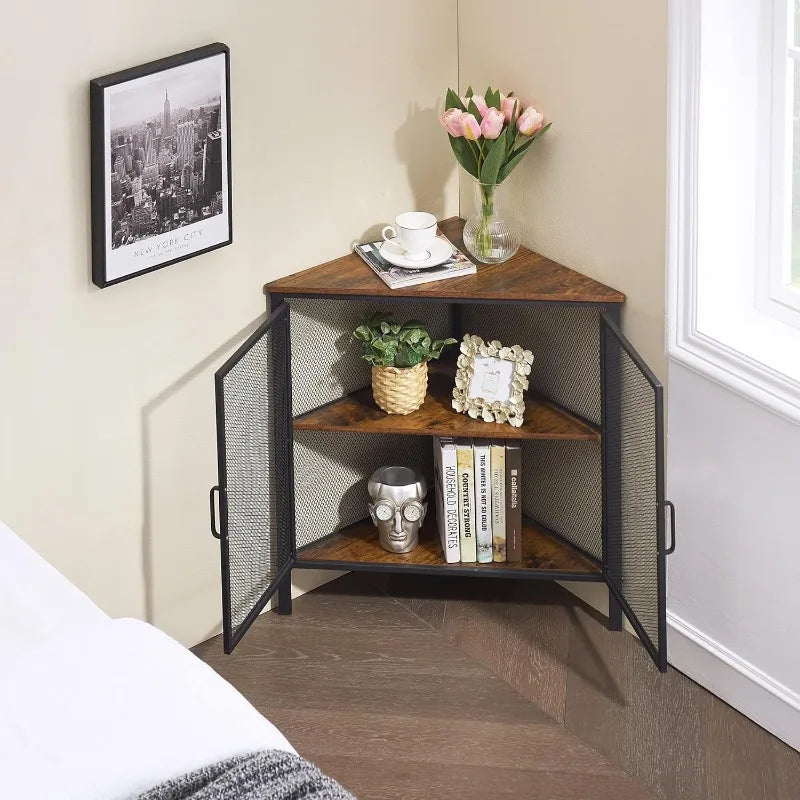 Corner Cabinet/Table, 3-Tier Metal/Wood Shelves with Door.