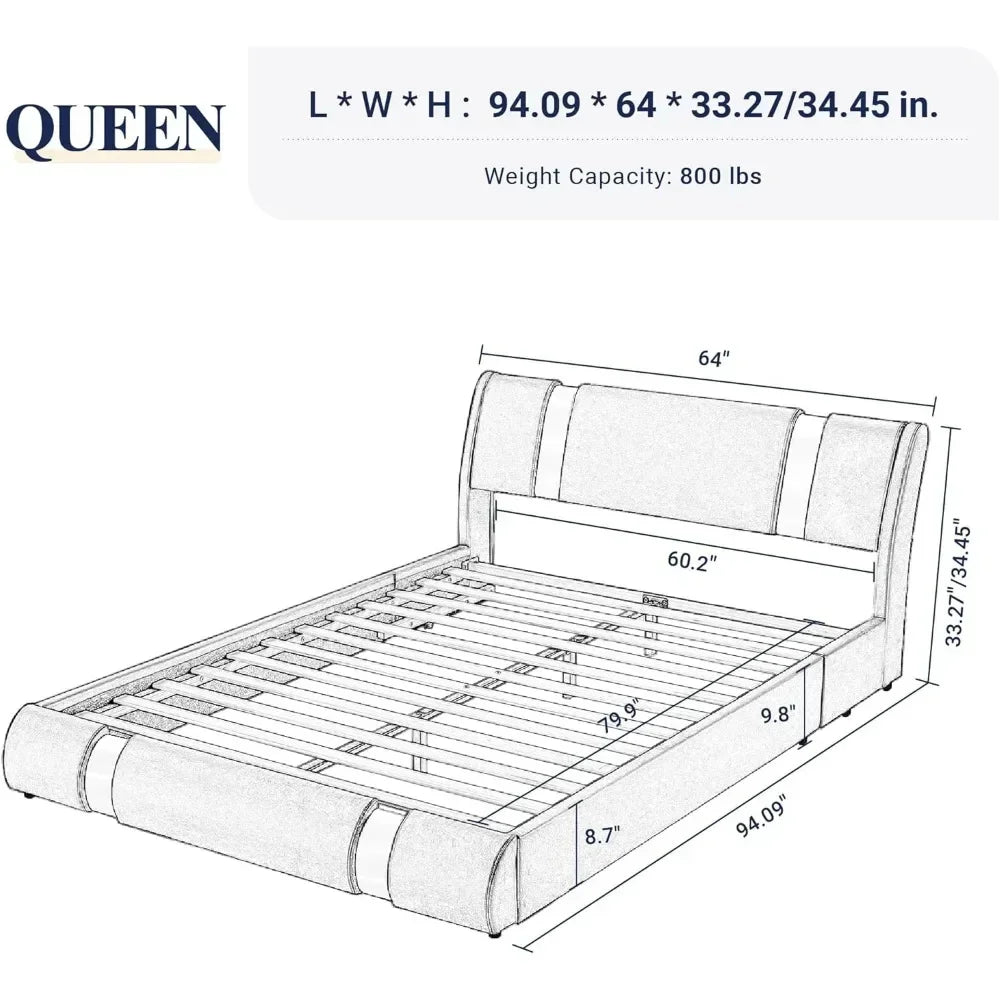 Bed frame with iron plate trim, faux leather upholstery.