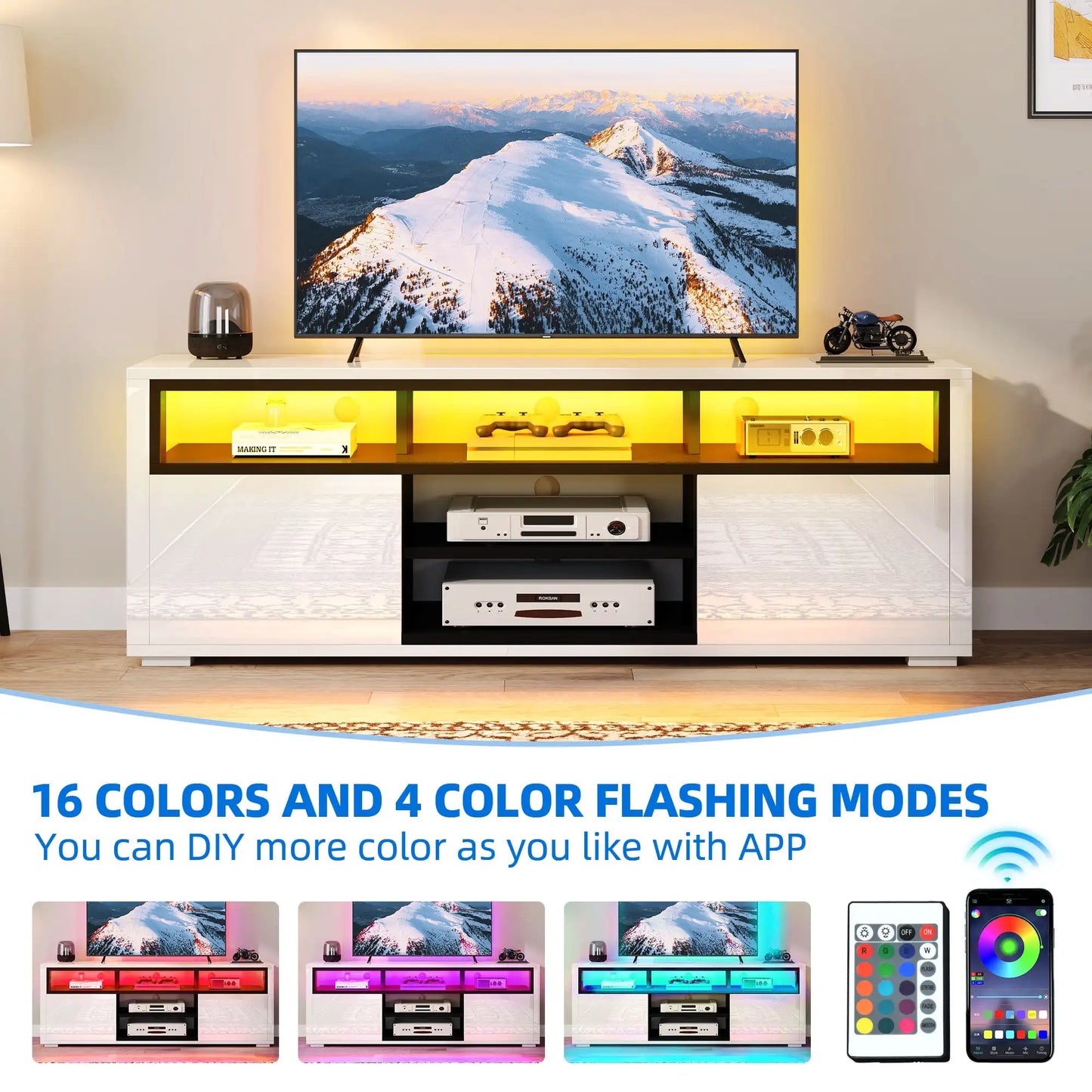 Modern TV Stand w/ LED Lights, Storage Cabinet -70 inch.