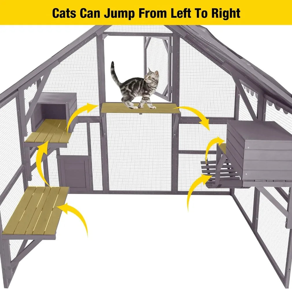 Catio Large Cat Run w/Bridges, Walks, Small Houses, Roof Cover.