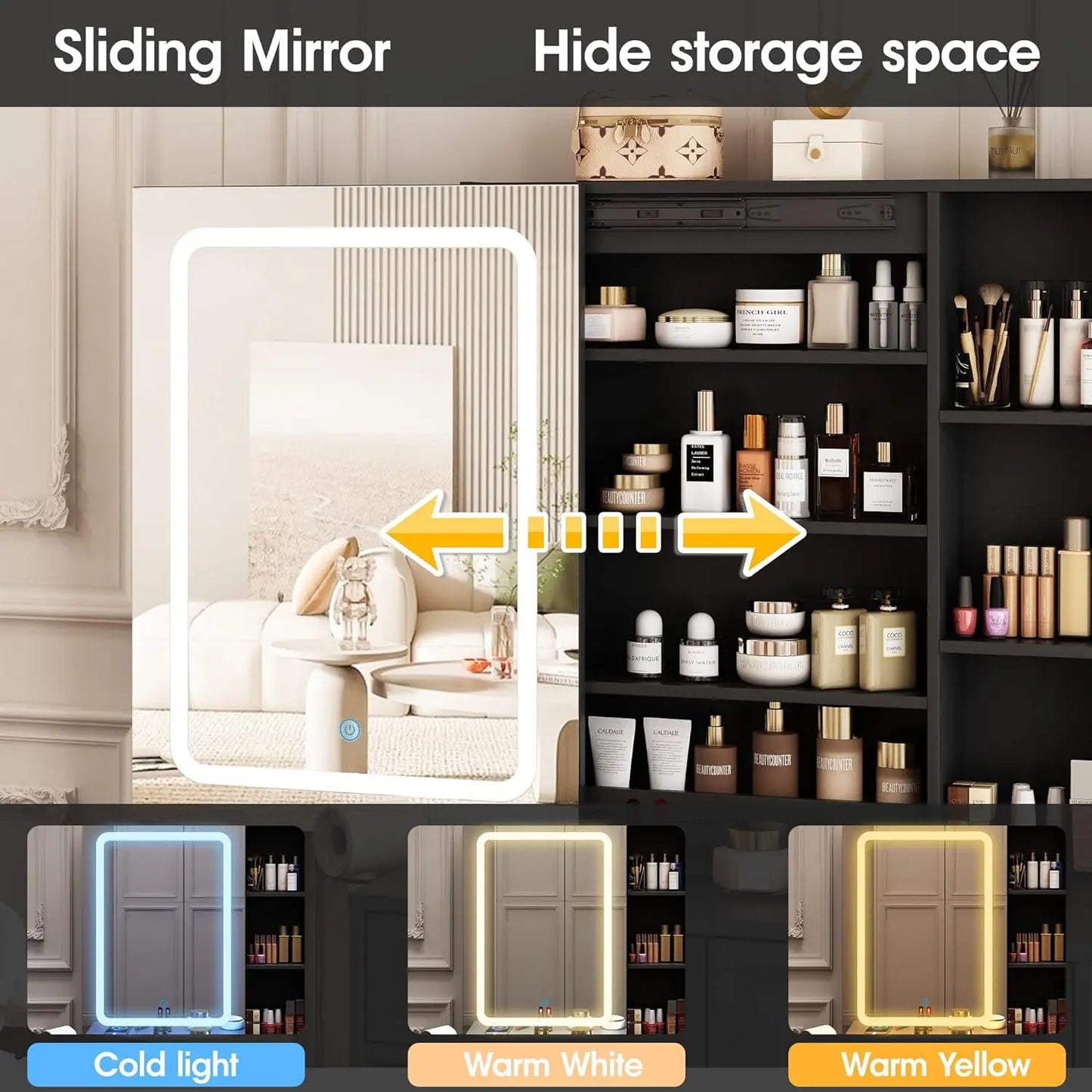 Makeup Vanity, LED Lighted Sliding Mirror, Vanity Table, Cabinet & Drawers, Charging Station