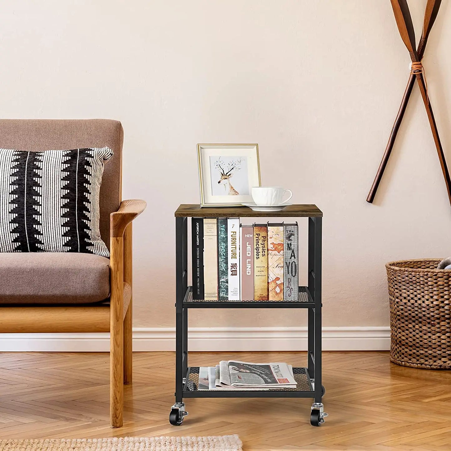 3-Tier Rolling Side Table, End Table w/Storage Shelves, Nightstand.