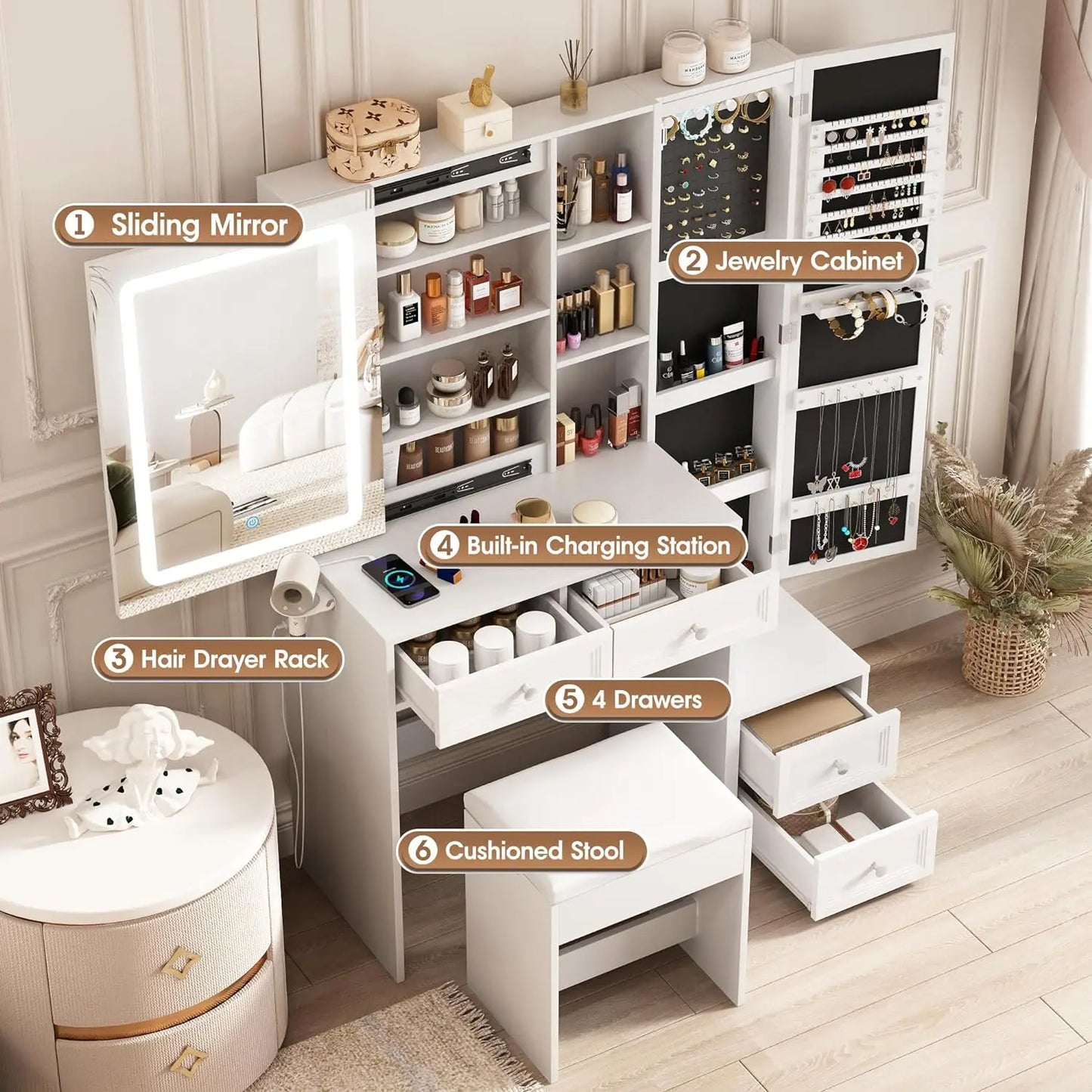 Makeup Vanity, LED Lighted Sliding Mirror, Vanity Table, Cabinet & Drawers, Charging Station