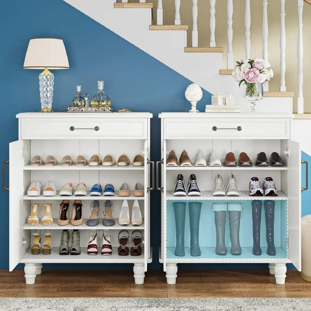 16 Pair Shoe Storage Cabinet w/4 Adjustable Shelves &1Large Drawer.