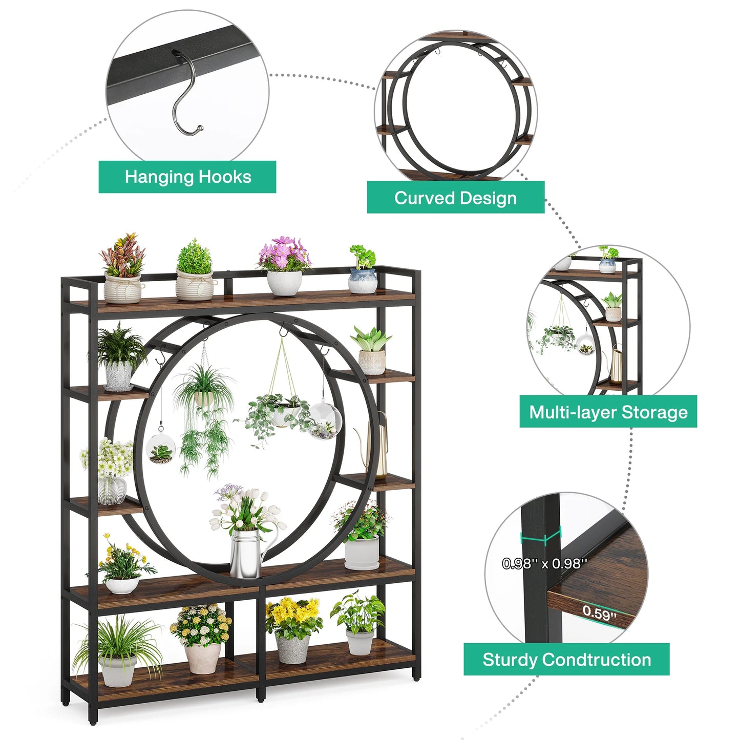 5-TierTall Plant Indoor Large Metal Stand w/4 Hooks.