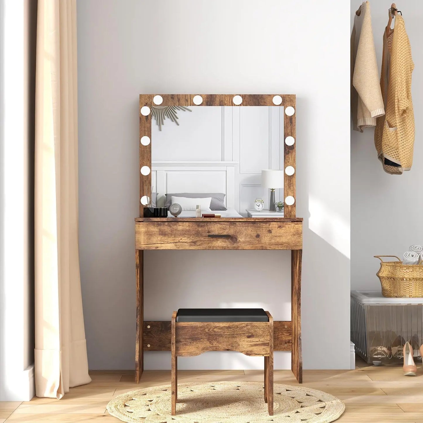 Vanity Desk with Mirror and Adjustable Lights & Makeup Table with Stool