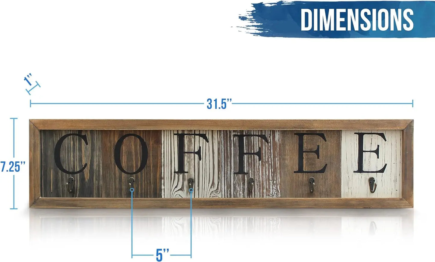 Printed Solid Wood Coffee Sign,6 Cup Hooks & Organizer.