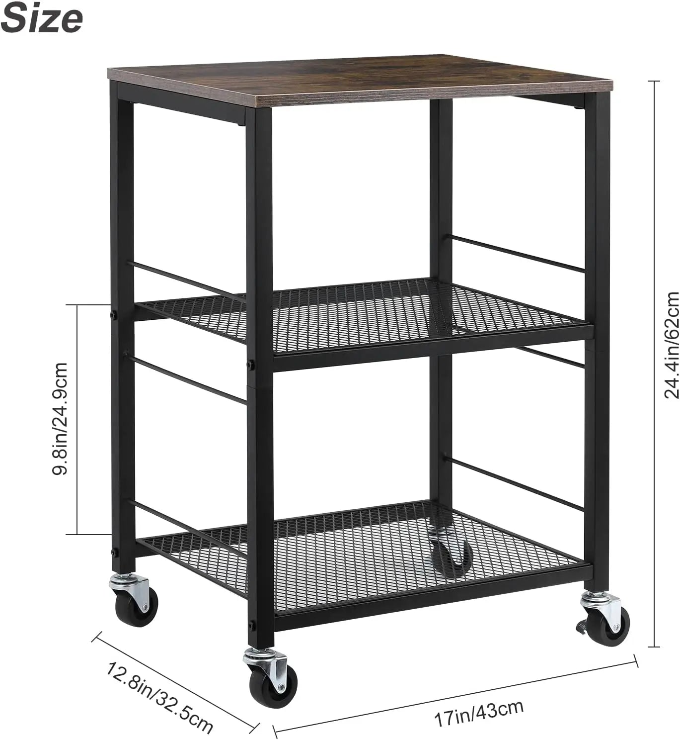 3-Tier Rolling Side Table, End Table w/Storage Shelves, Nightstand.