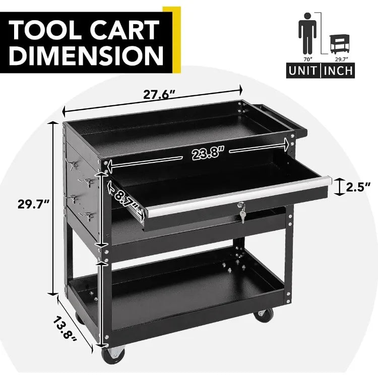 Rolling 3-Tier Tool Box with Wheels, Heavy Duty