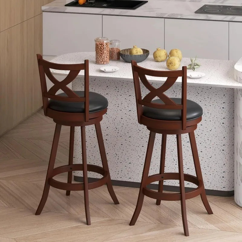 Set of 2 Vintage 30" Bar Height Stools with Back, Leather Padded Seat.