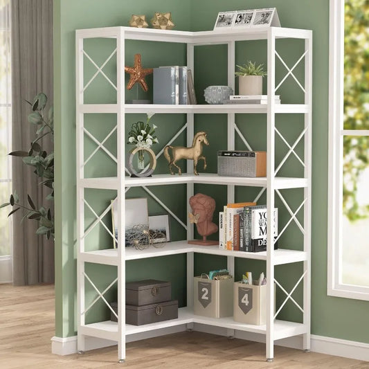 Modern Corner Bookcase, 5-Tier Metal Frame