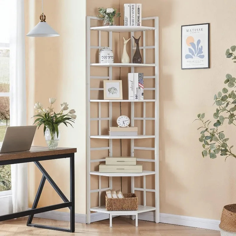 6 Tier Industrial Tall Corner Bookshelf