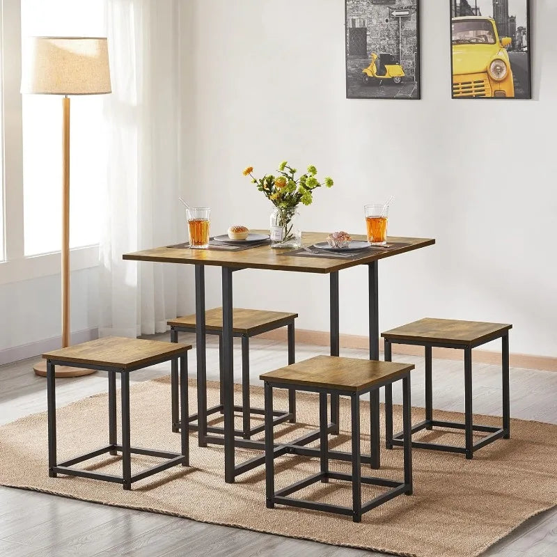 5-Piece Dining Table Set with 4 Stools - Industrial & Compact.