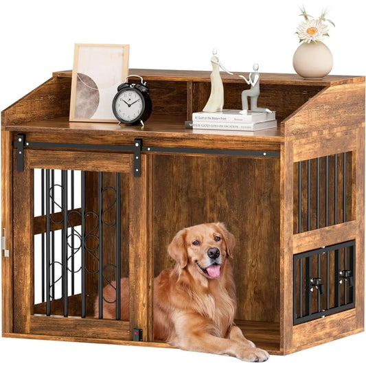 Large dog cage furniture with sliding barn door.