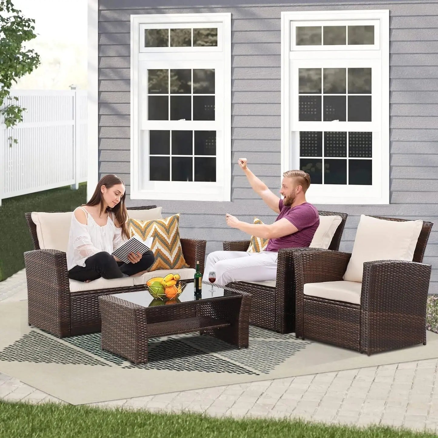 Patio Furniture Set Outdoor Wicker Sectional Sofa Chair w/ Cushion & Coffee Table