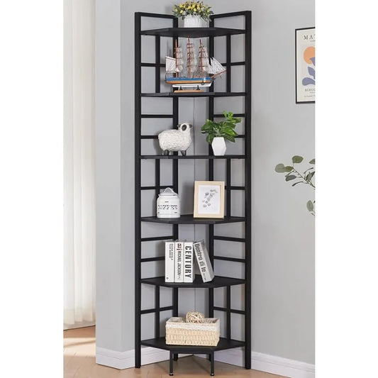 6 Tier Industrial Tall Corner Bookshelf