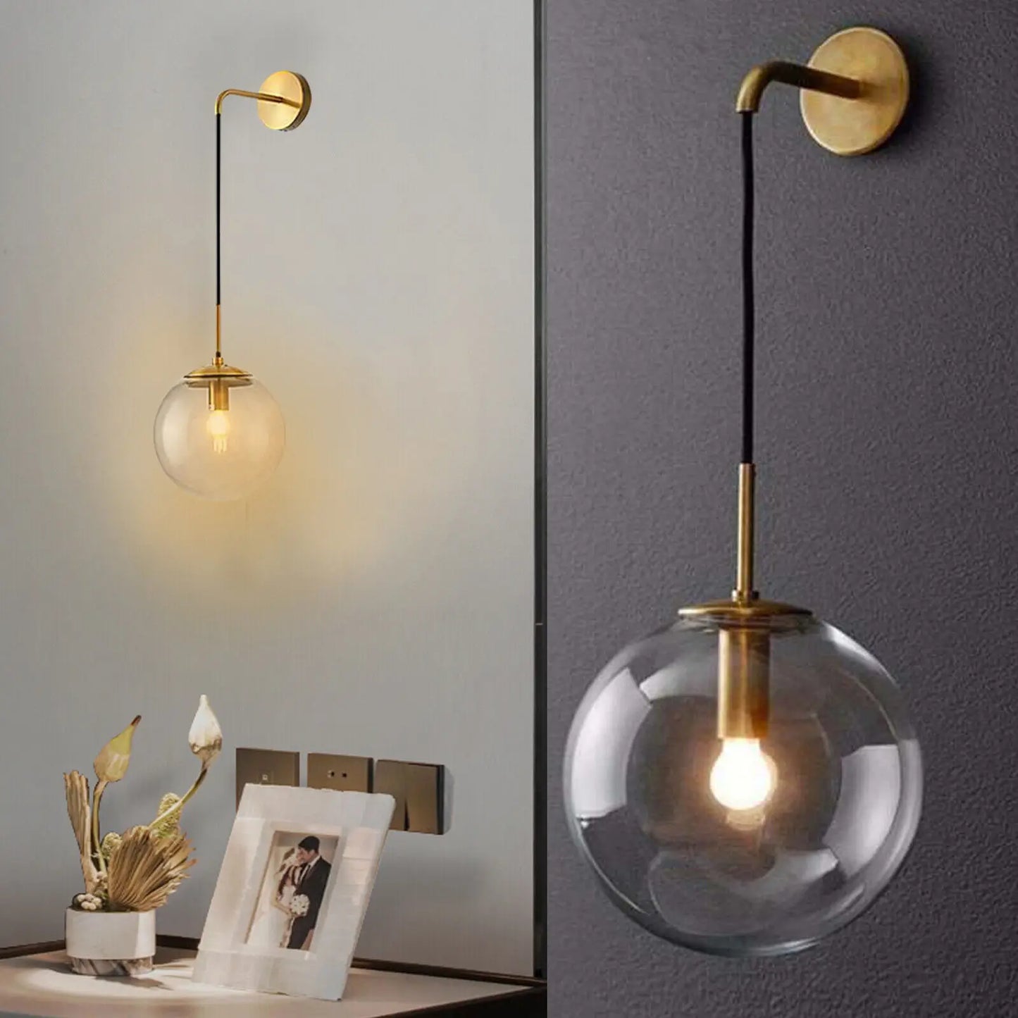 Glass Globe Wall Sconce Light Gold Hanging.