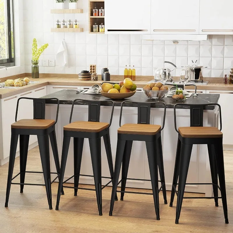 4 - Metal Counter Height Bar Stools, Wooden Seat.