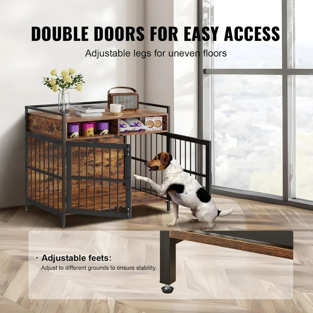 Furniture style dog cage w/ storage space and double doors.