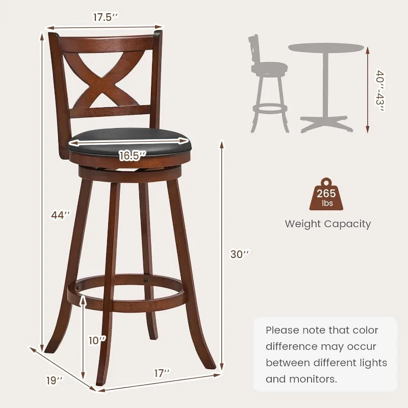 Set of 2 Vintage 30" Bar Height Stools with Back, Leather Padded Seat.