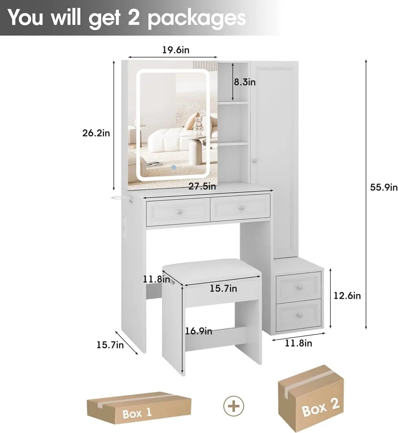 Makeup Vanity, LED Lighted Sliding Mirror, Vanity Table, Cabinet & Drawers, Charging Station