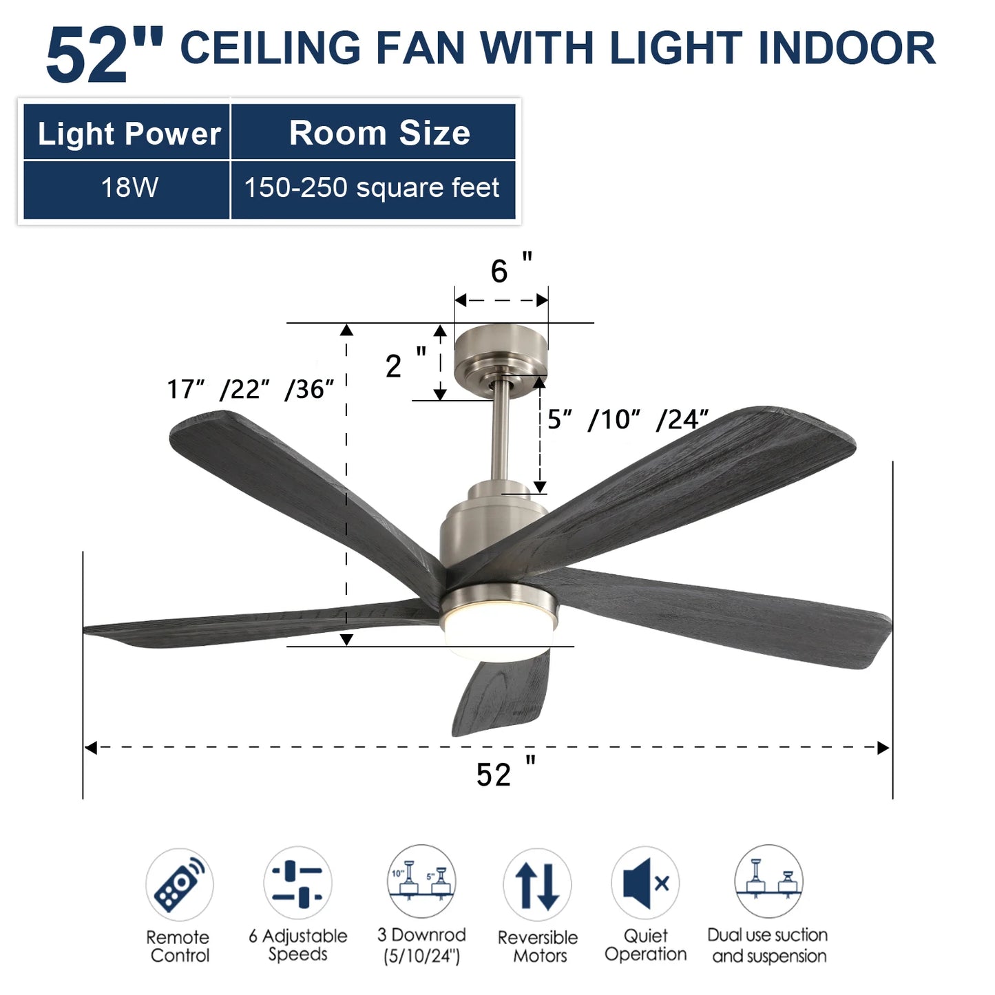 Ceiling Fan, Dimmable LED Light, 5 Wood Blades, Remote Control.