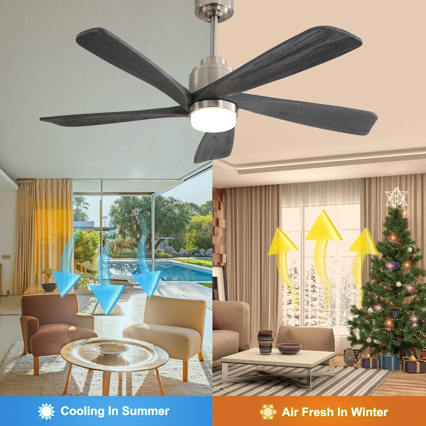 Ceiling Fan, Dimmable LED Light, 5 Wood Blades, Remote Control.