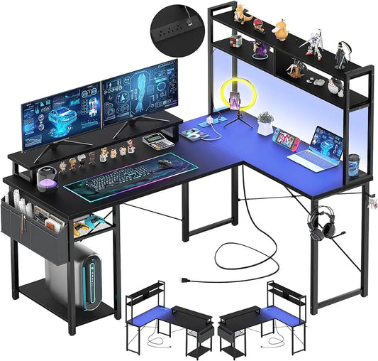 Small L Shaped Gaming Desk w/LED Lights & Power Outlets.