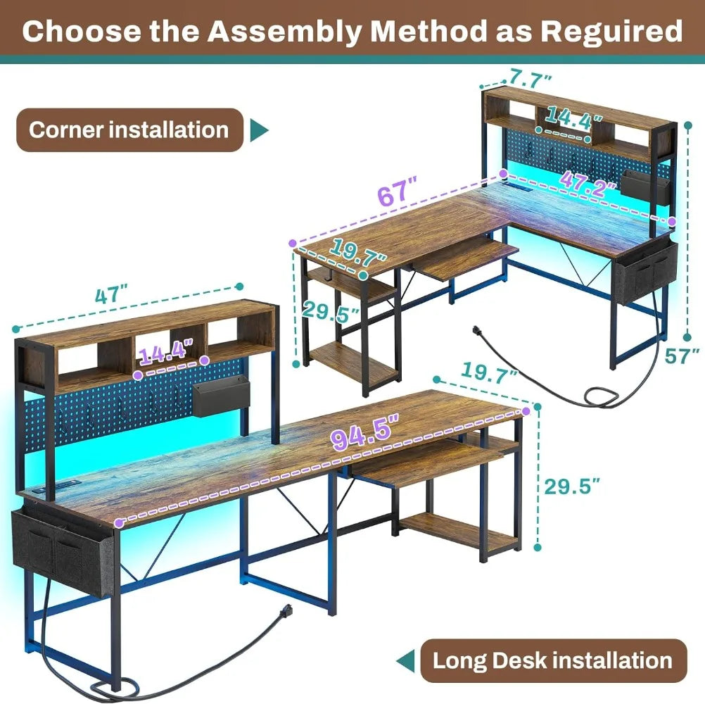 L Shaped Pegboard Computer Desk w/Led Lights Keyboard.