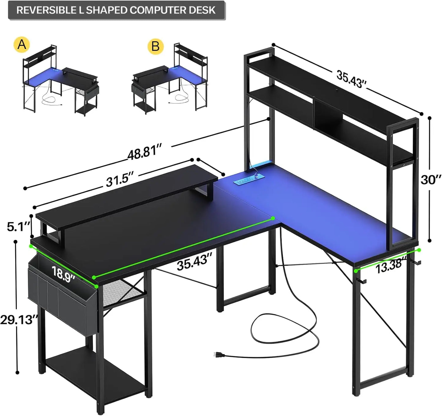 Small L Shaped Gaming Desk w/LED Lights & Power Outlets.