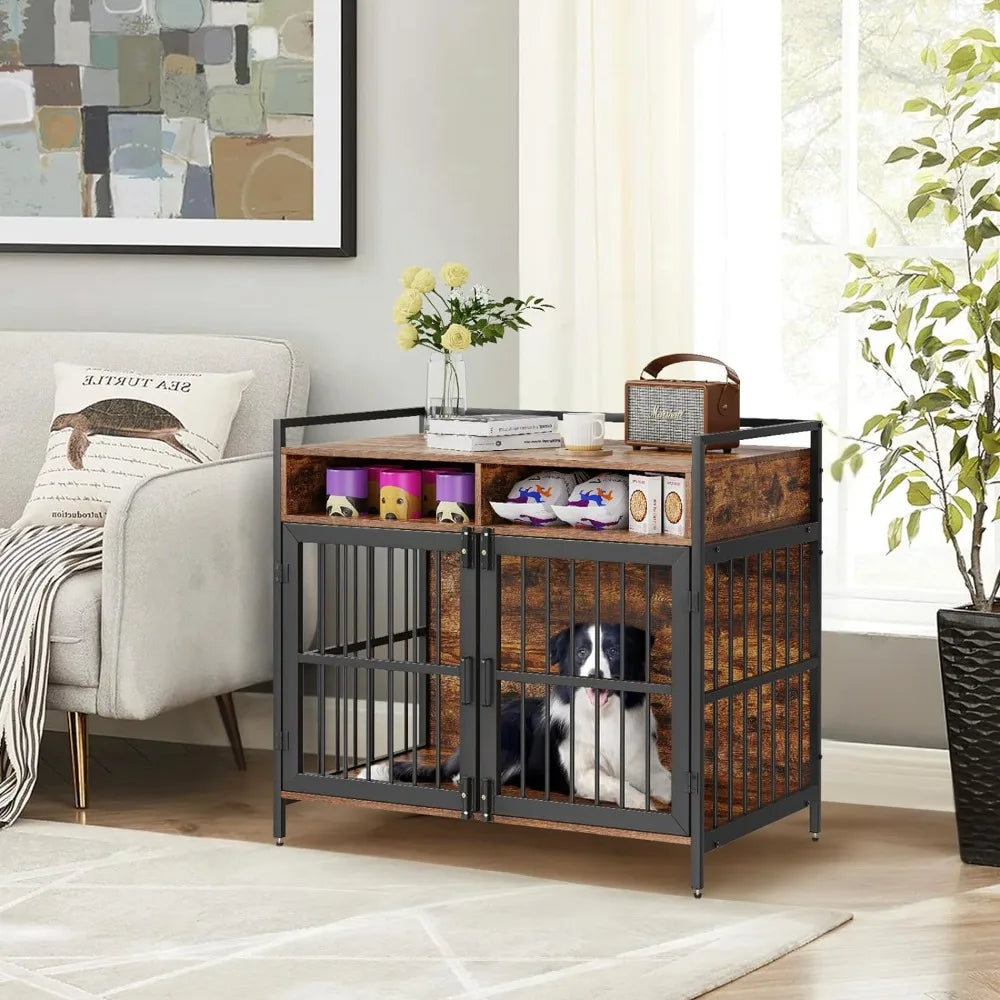 Furniture style dog cage w/ storage space and double doors.