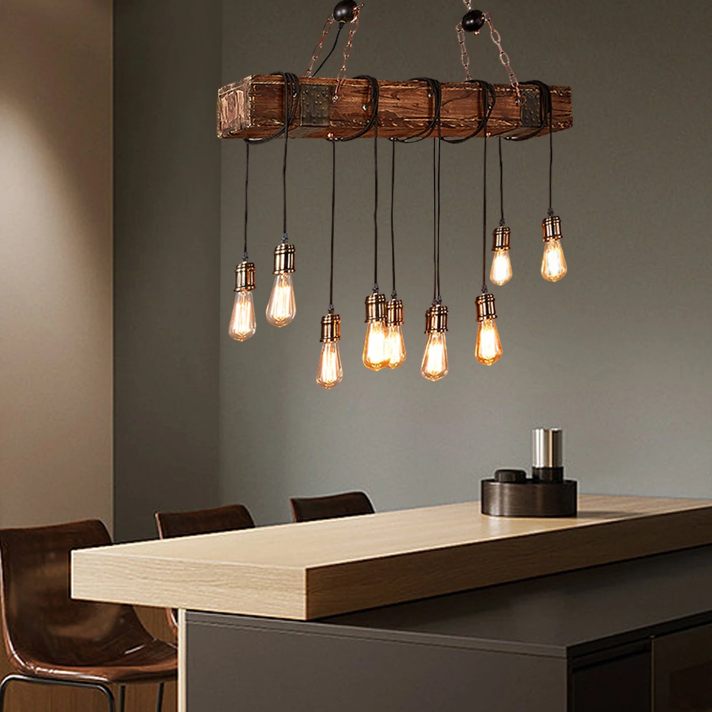 10-Lights Chandelier Wooden Retro Rustic Pendant Light