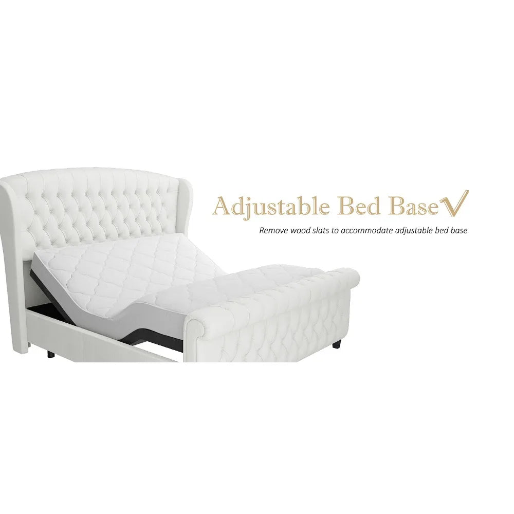 Chenille Upholstered Sleigh Bed w/ Scroll Wingback Headboard & Footboard/Button Tufted