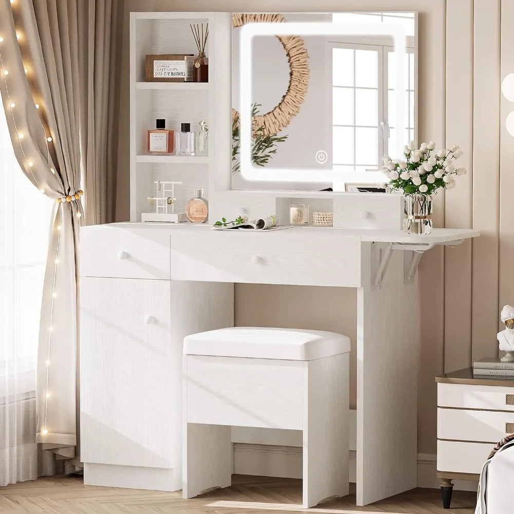 Vanity Desk with Drawers & LED Lighted Mirror & Power Outlet & Cabinet, Storage Stool, Stylish Bedroom Makeup Table