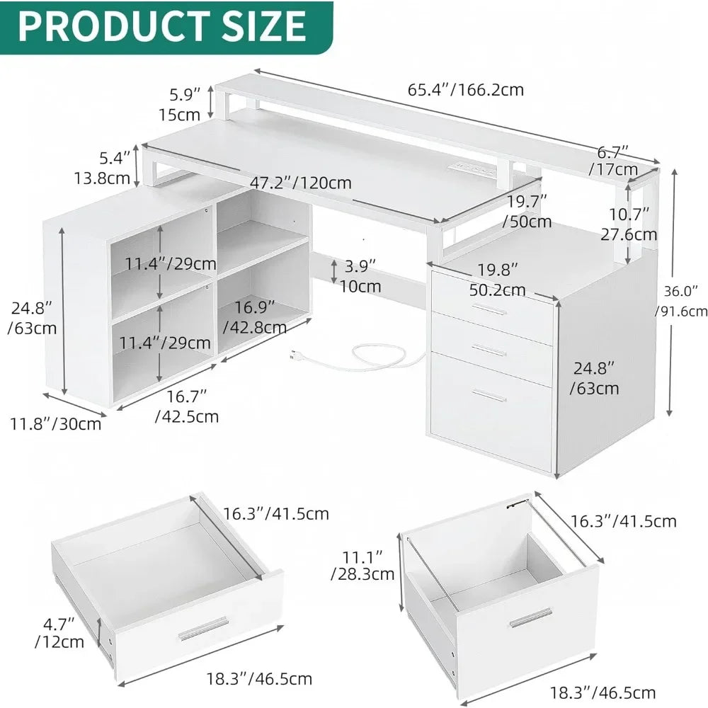 65" L Shaped Desk with Power Outlets LED Lights. File Cabinet +.