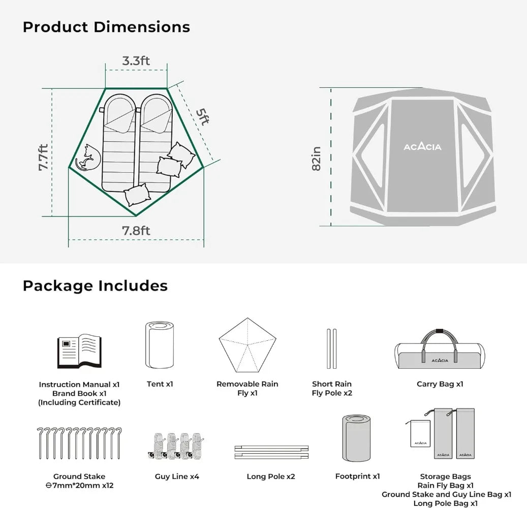 Camping Tent, 2-3 Person Pop Up with 6'10'' Height.