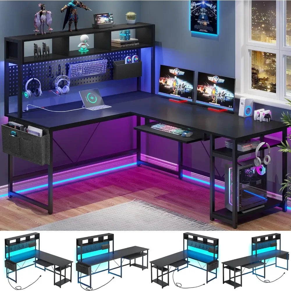 L-shaped game table, computer desk w/power, LED light +.