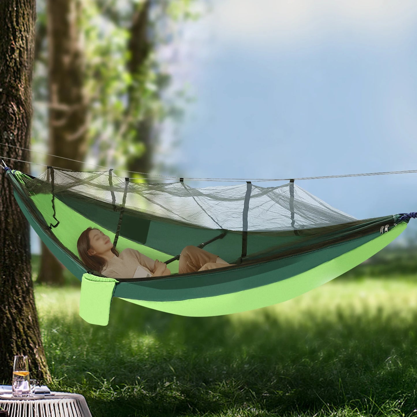 Outdoor Hammocks with Mosquito Net and Tree Straps.