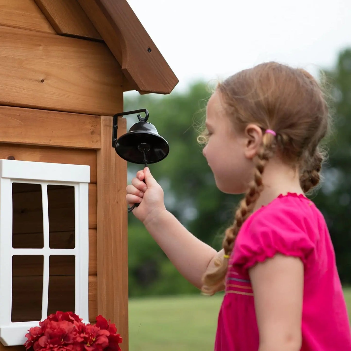 Aspen All Cedar Wooden Playhouse with door, flowers +