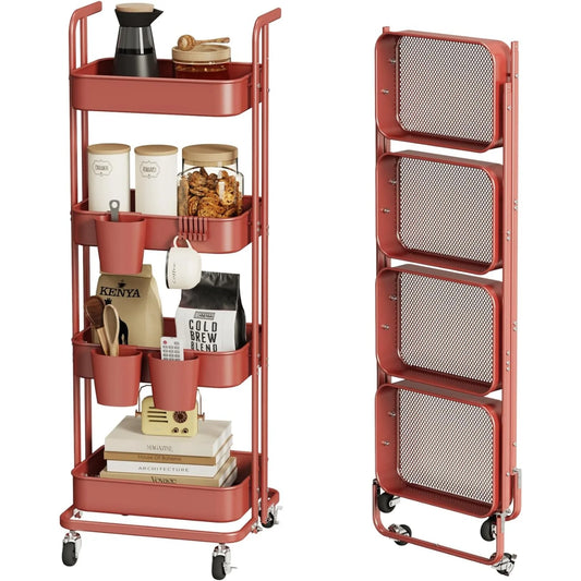 Metal Utility Cart with Wheels, 3 Hanging Cups & 6 Hooks.