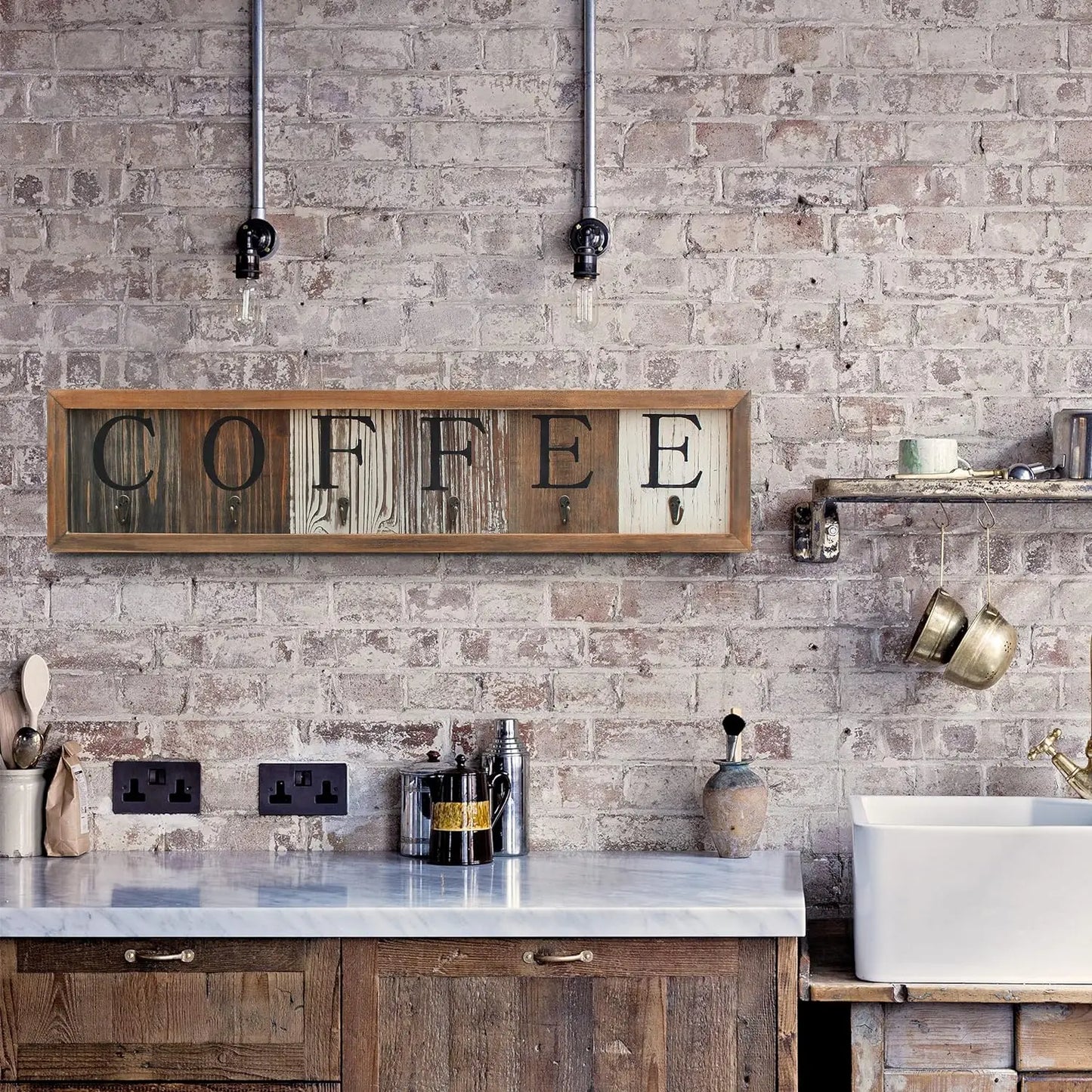 Printed Solid Wood Coffee Sign,6 Cup Hooks & Organizer.